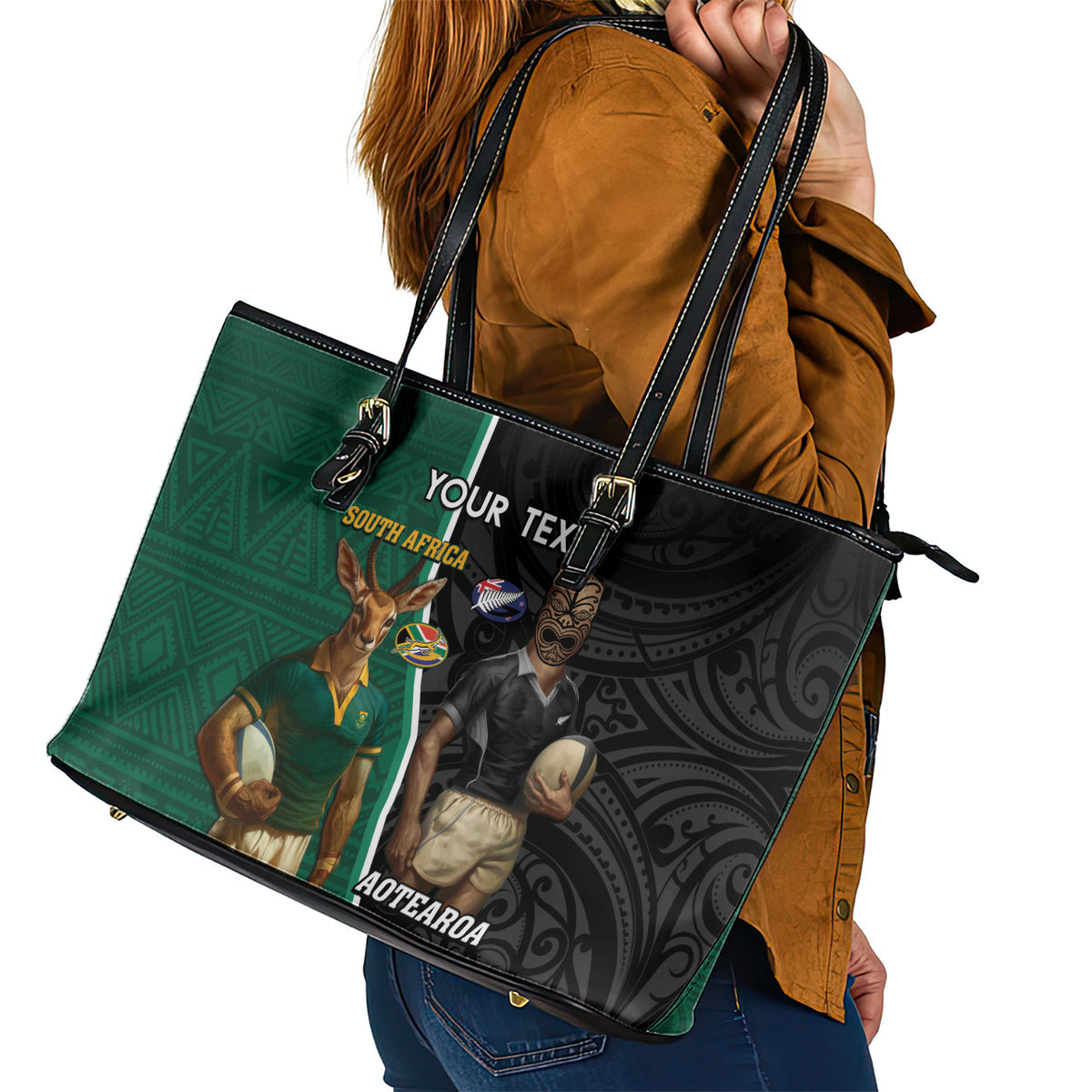 Personalised New Zealand And South Africa Rugby Leather Tote Bag 2024 All Black Springboks Mascots Together LT14