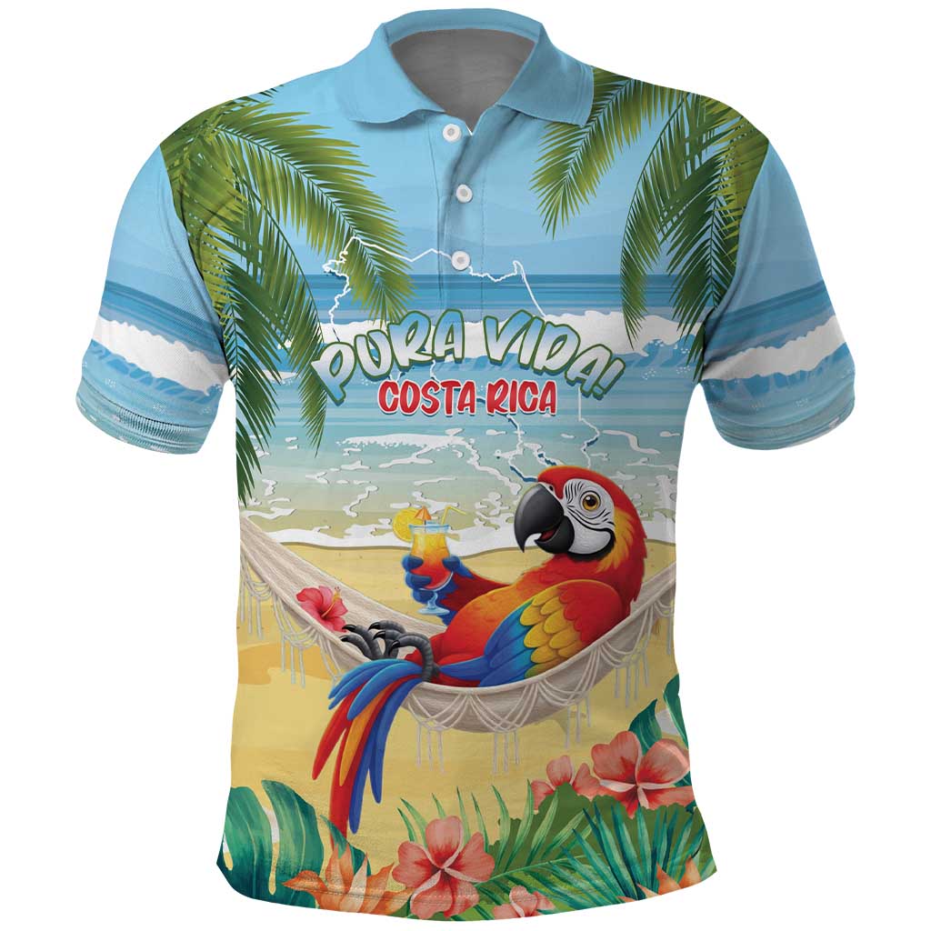 Pura Vida Costa Rica Polo Shirt Chilling Scarlet Macaw Tropical Vibes LT14