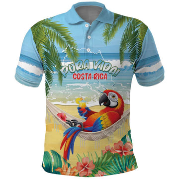 Pura Vida Costa Rica Polo Shirt Chilling Scarlet Macaw Tropical Vibes LT14