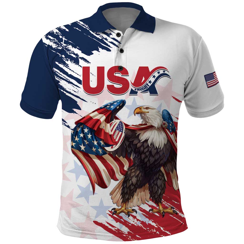 Custom USA Rugby Polo Shirt Powerful Eagle Grunge Brush Style - White LT14