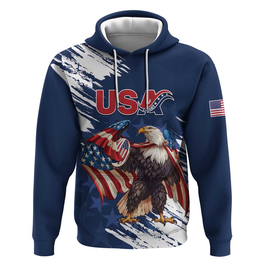 Custom USA Rugby Hoodie Powerful Eagle Grunge Brush Style - Blue LT14