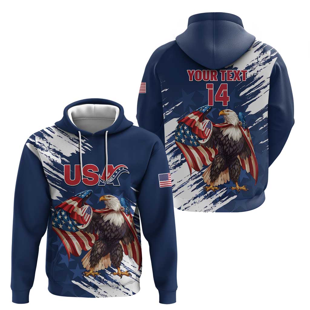 Custom USA Rugby Hoodie Powerful Eagle Grunge Brush Style - Blue LT14