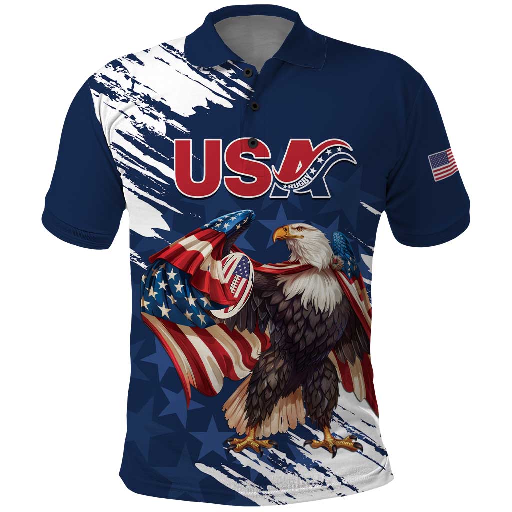 Custom USA Rugby Polo Shirt Powerful Eagle Grunge Brush Style - Blue LT14