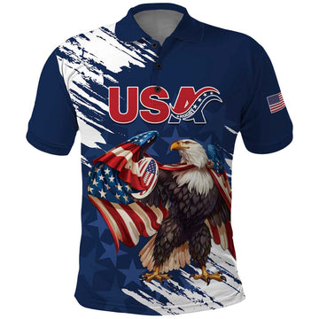 Custom USA Rugby Polo Shirt Powerful Eagle Grunge Brush Style - Blue LT14