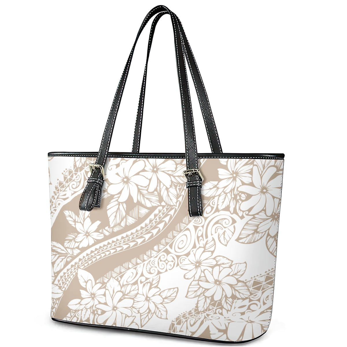Polynesia Leather Tote Bag Polynesian Tropical Flowers Begie Pastel Vibes LT14
