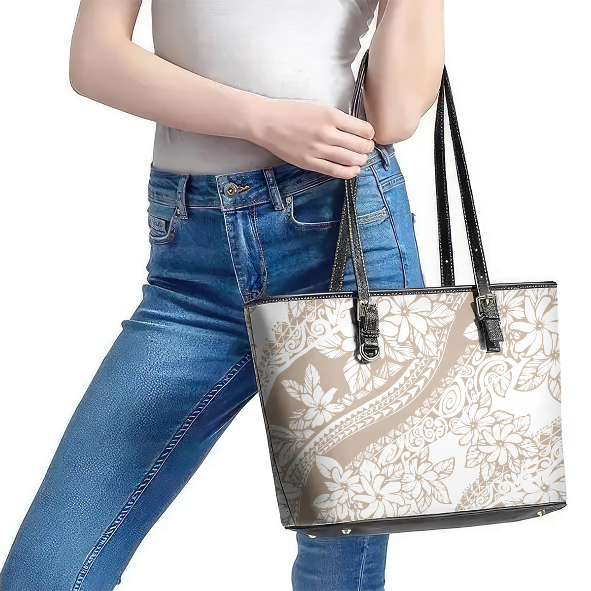 Polynesia Leather Tote Bag Polynesian Tropical Flowers Begie Pastel Vibes LT14
