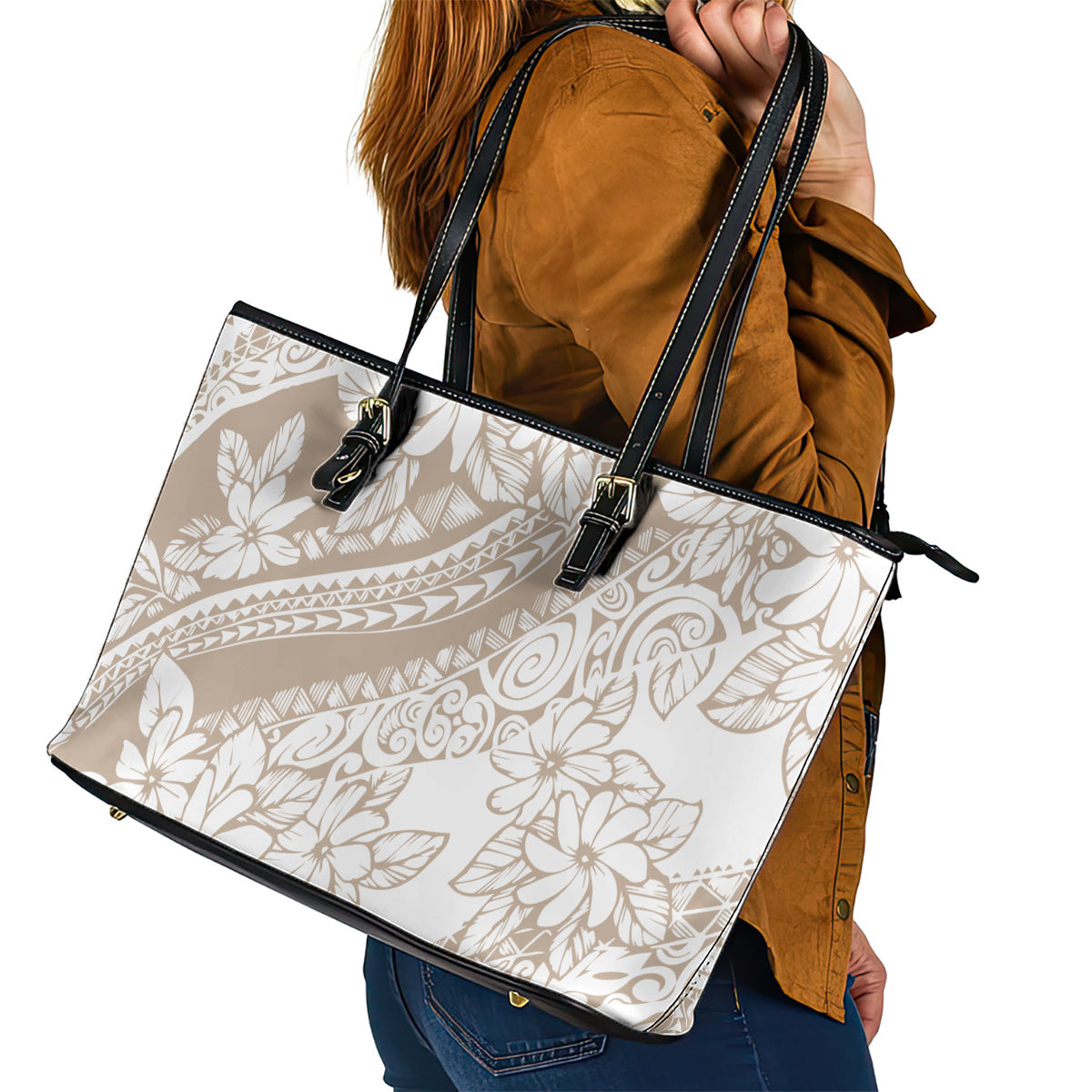 Polynesia Leather Tote Bag Polynesian Tropical Flowers Begie Pastel Vibes LT14