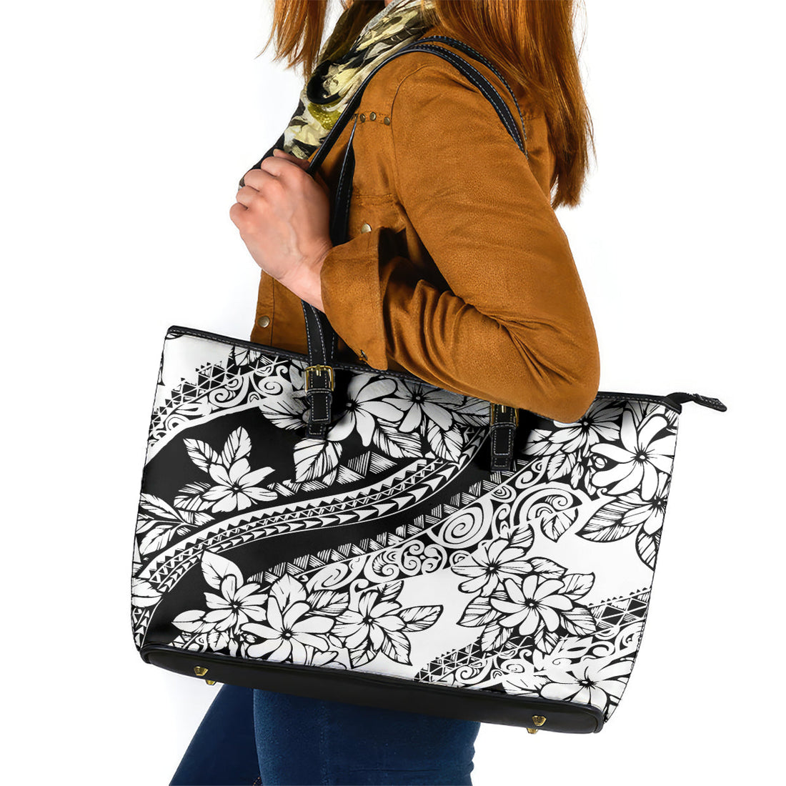 Polynesia Leather Tote Bag Polynesian Tropical Flowers Black Pastel Vibes LT14
