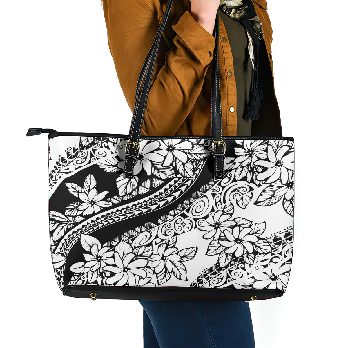 Polynesia Leather Tote Bag Polynesian Tropical Flowers Black Pastel Vibes LT14