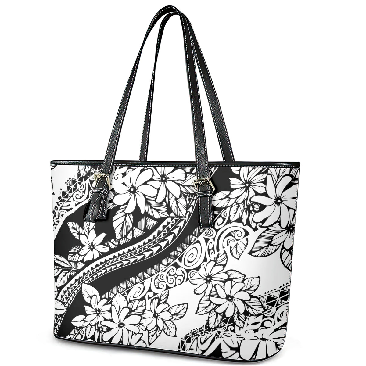 Polynesia Leather Tote Bag Polynesian Tropical Flowers Black Pastel Vibes LT14