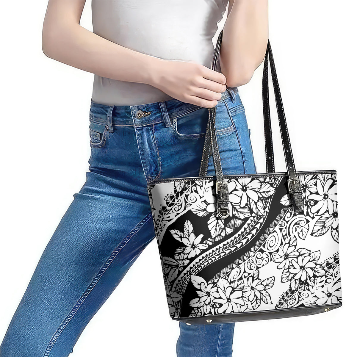 Polynesia Leather Tote Bag Polynesian Tropical Flowers Black Pastel Vibes LT14