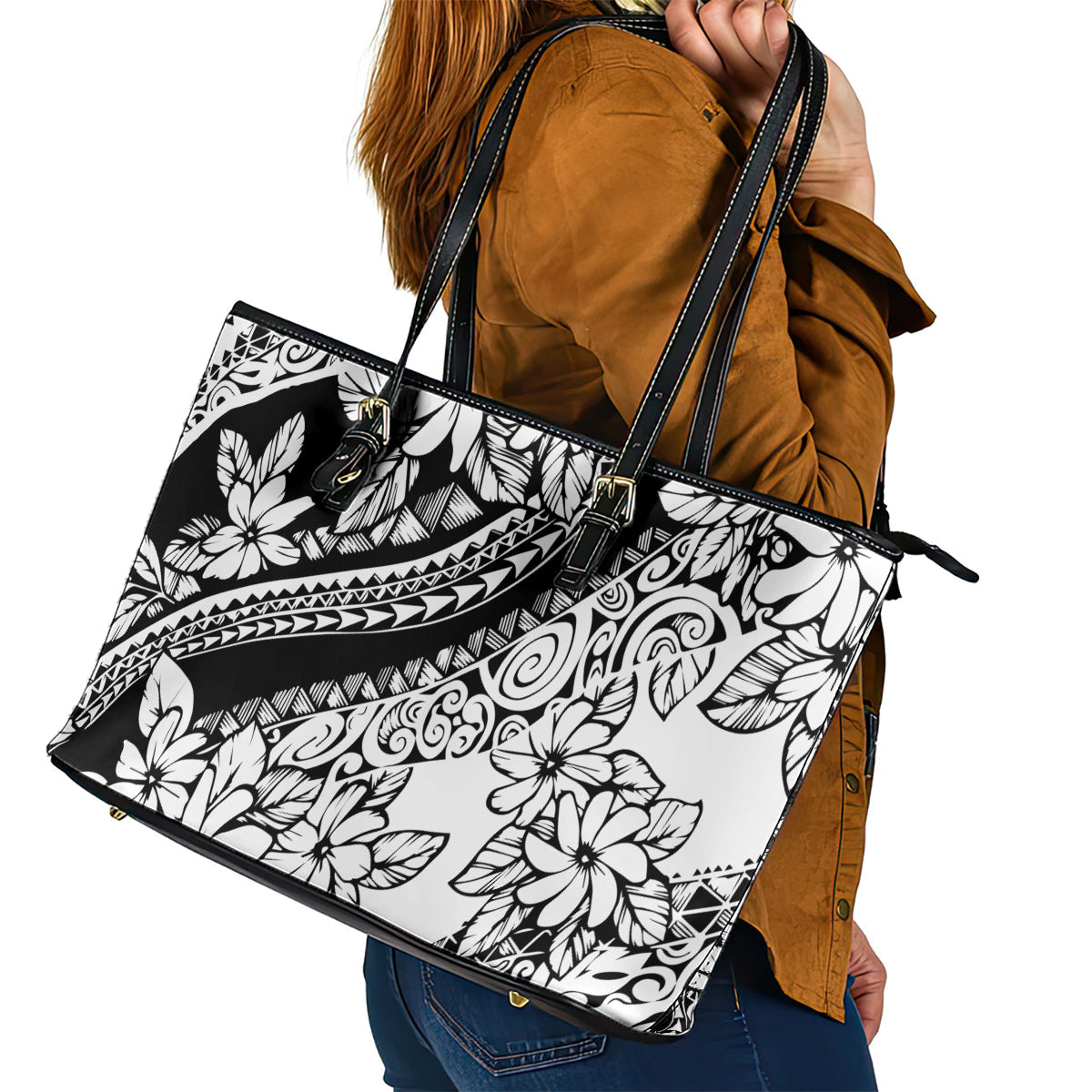 Polynesia Leather Tote Bag Polynesian Tropical Flowers Black Pastel Vibes LT14