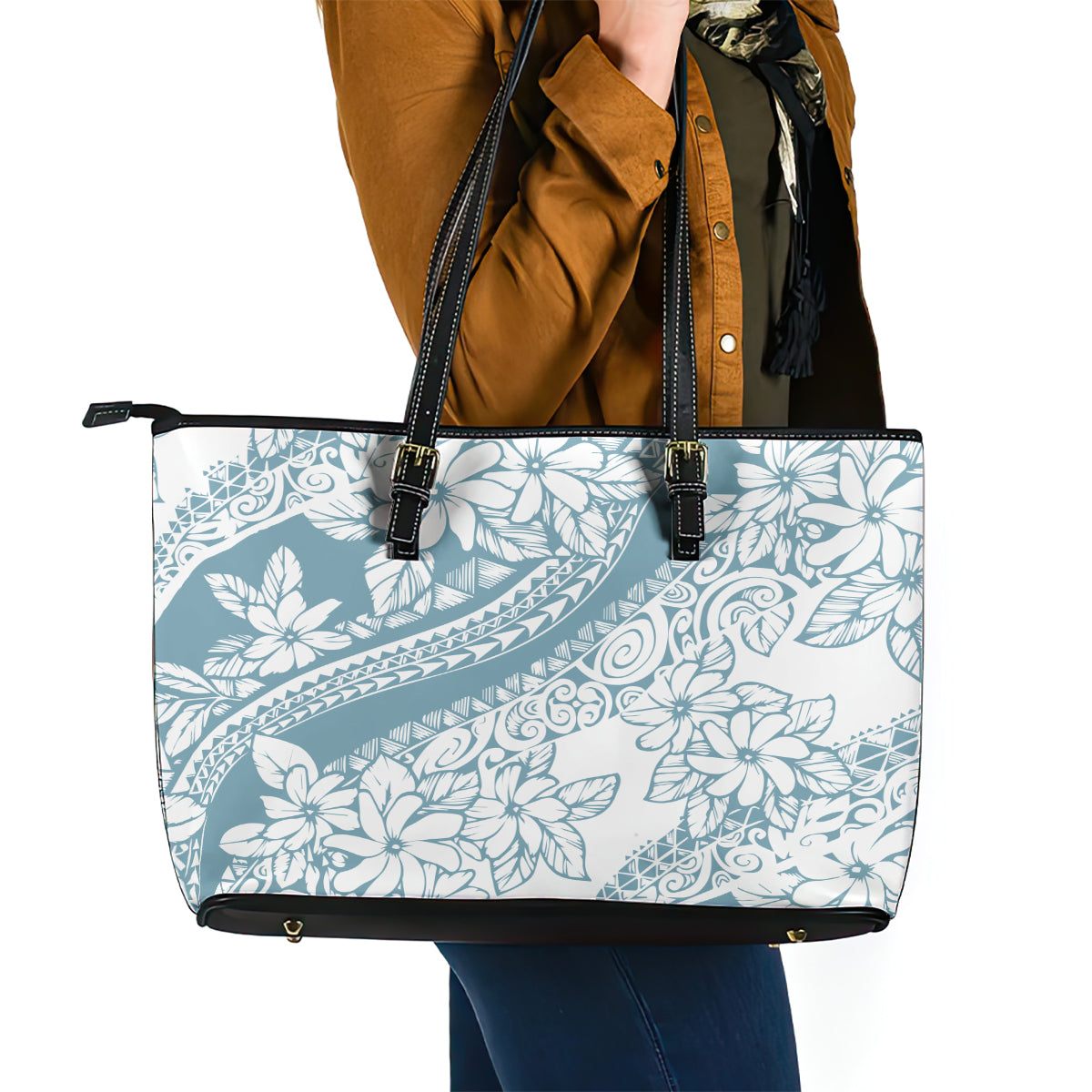 Polynesia Leather Tote Bag Polynesian Tropical Flowers Blue Pastel Vibes LT14