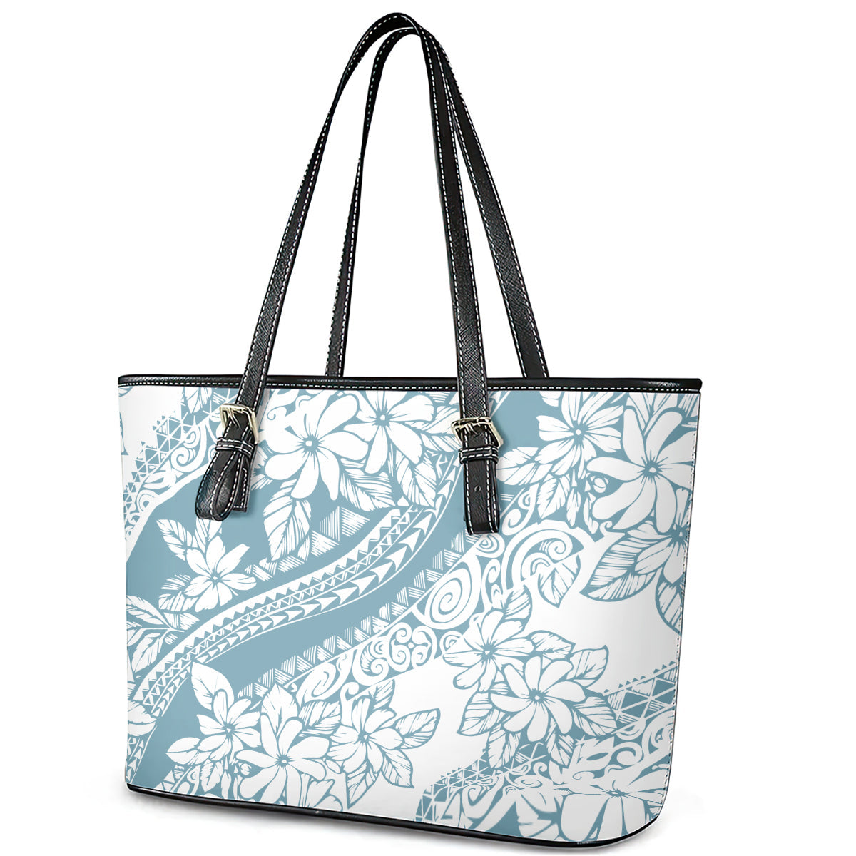 Polynesia Leather Tote Bag Polynesian Tropical Flowers Blue Pastel Vibes LT14