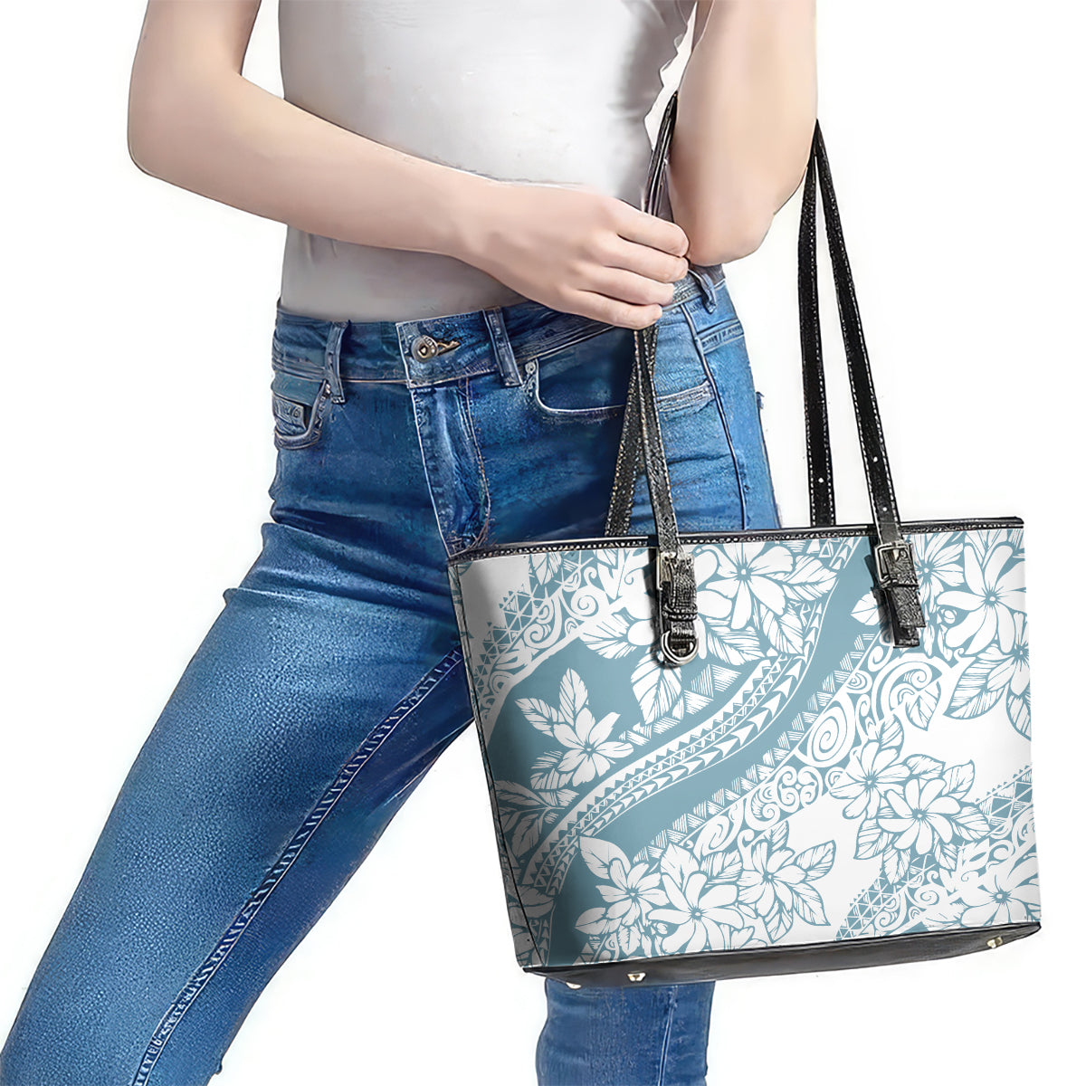 Polynesia Leather Tote Bag Polynesian Tropical Flowers Blue Pastel Vibes LT14