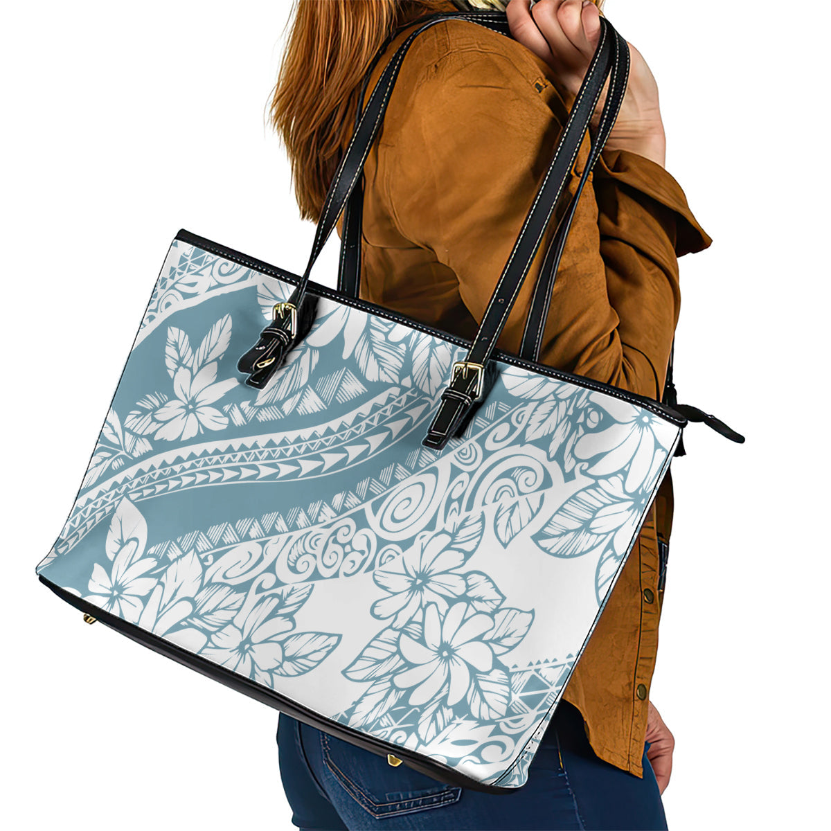 Polynesia Leather Tote Bag Polynesian Tropical Flowers Blue Pastel Vibes LT14
