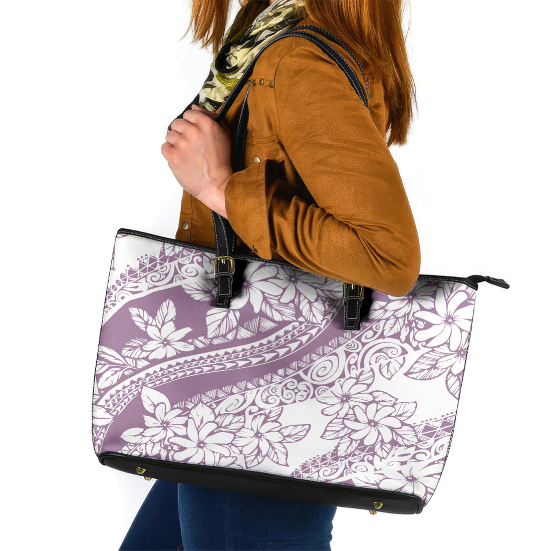 Polynesia Leather Tote Bag Polynesian Tropical Flowers Purple Pastel Vibes LT14