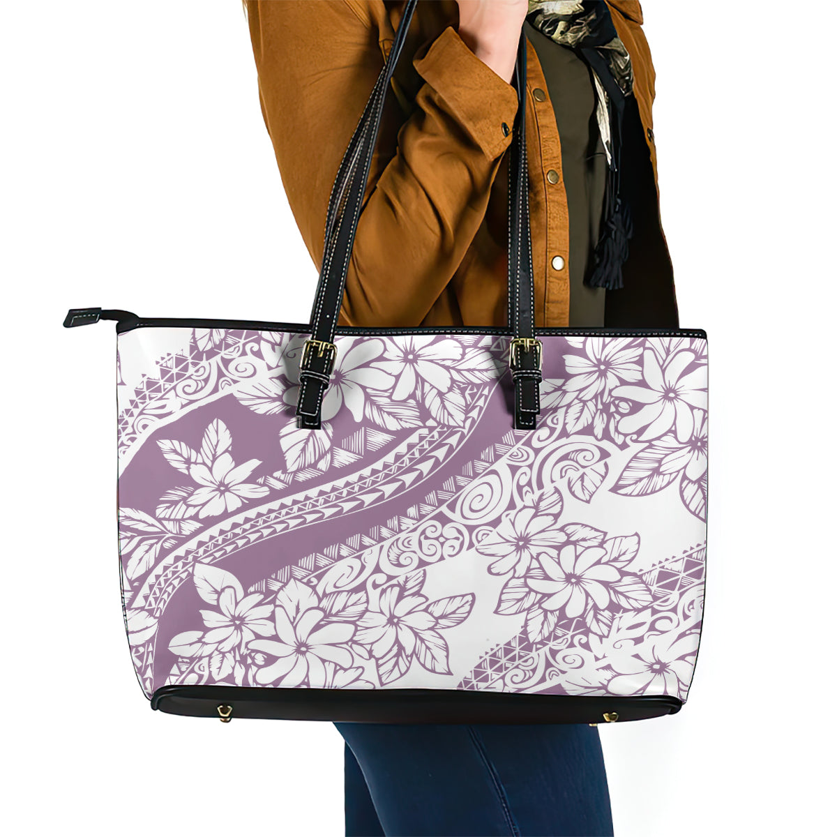 Polynesia Leather Tote Bag Polynesian Tropical Flowers Purple Pastel Vibes LT14