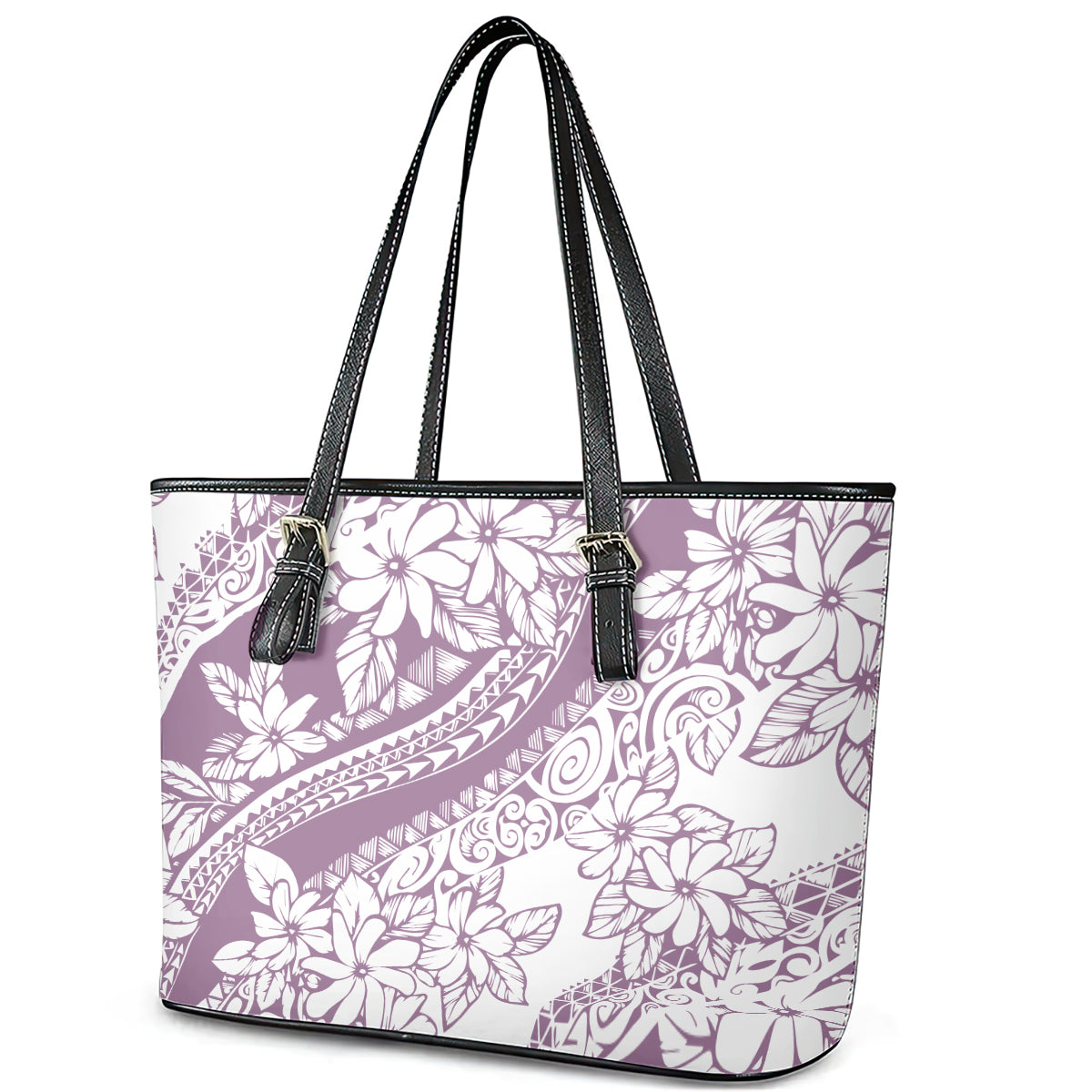 Polynesia Leather Tote Bag Polynesian Tropical Flowers Purple Pastel Vibes LT14
