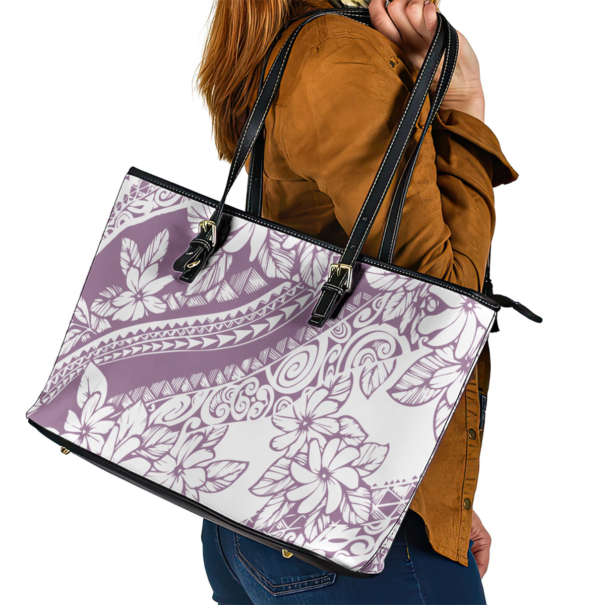 Polynesia Leather Tote Bag Polynesian Tropical Flowers Purple Pastel Vibes LT14