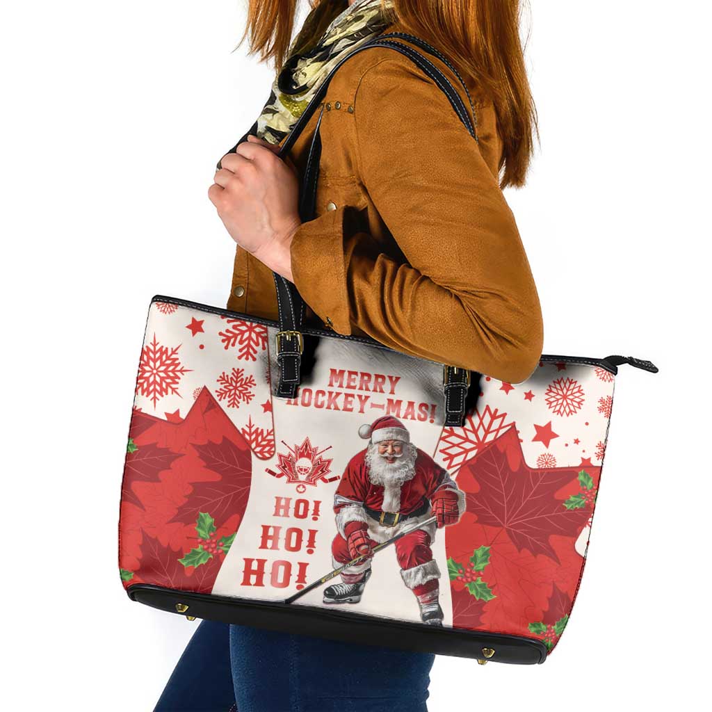 Christmas Canada Hockey Leather Tote Bag Merry Hockey-Mas Maple Leaves Pattern LT14