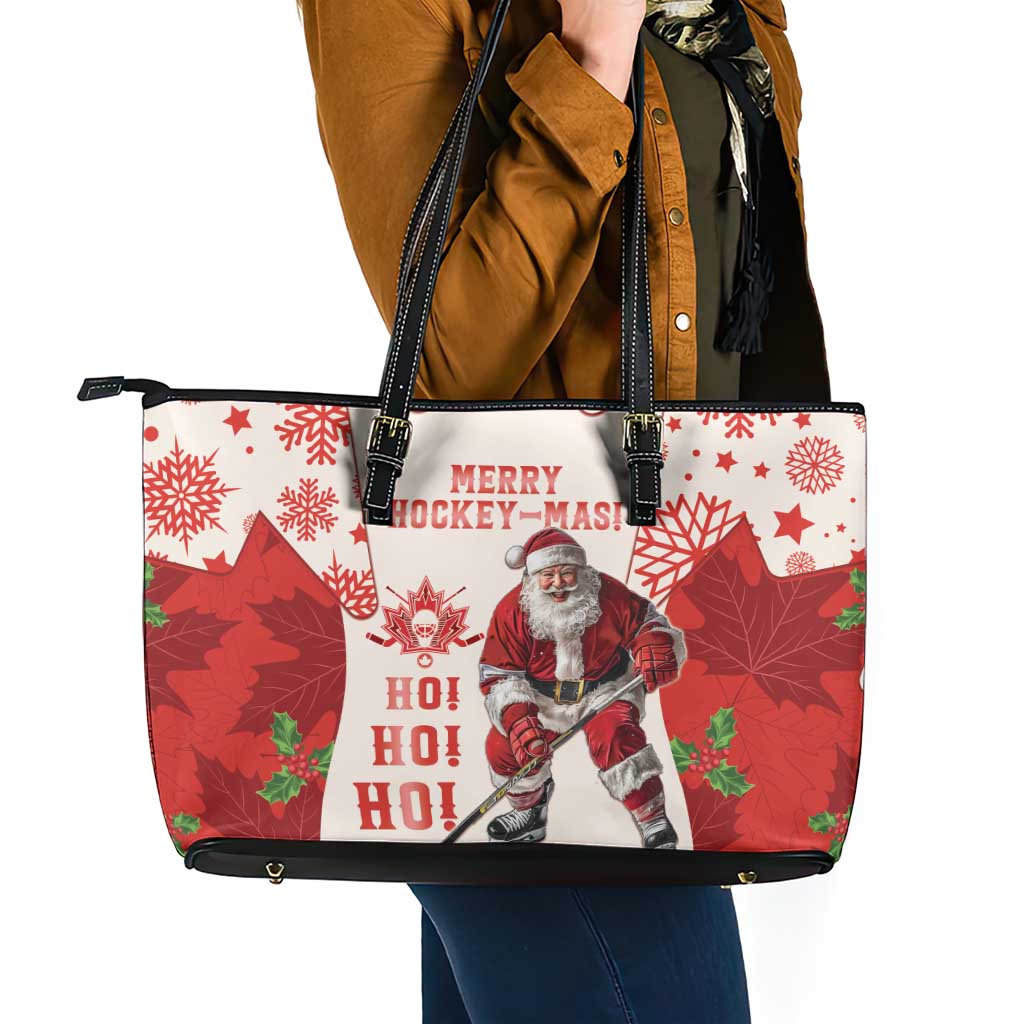 Christmas Canada Hockey Leather Tote Bag Merry Hockey-Mas Maple Leaves Pattern LT14