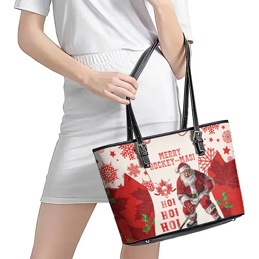Christmas Canada Hockey Leather Tote Bag Merry Hockey-Mas Maple Leaves Pattern LT14
