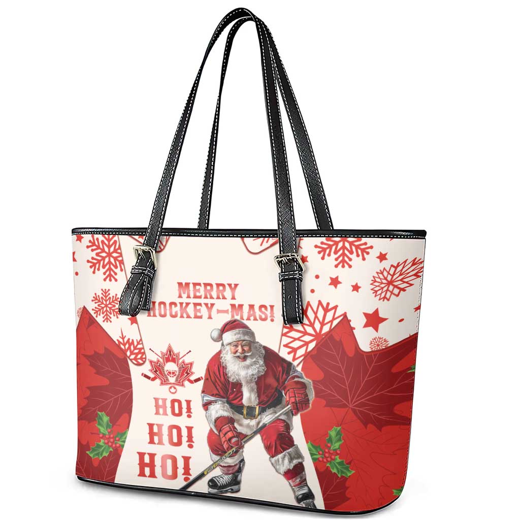 Christmas Canada Hockey Leather Tote Bag Merry Hockey-Mas Maple Leaves Pattern LT14