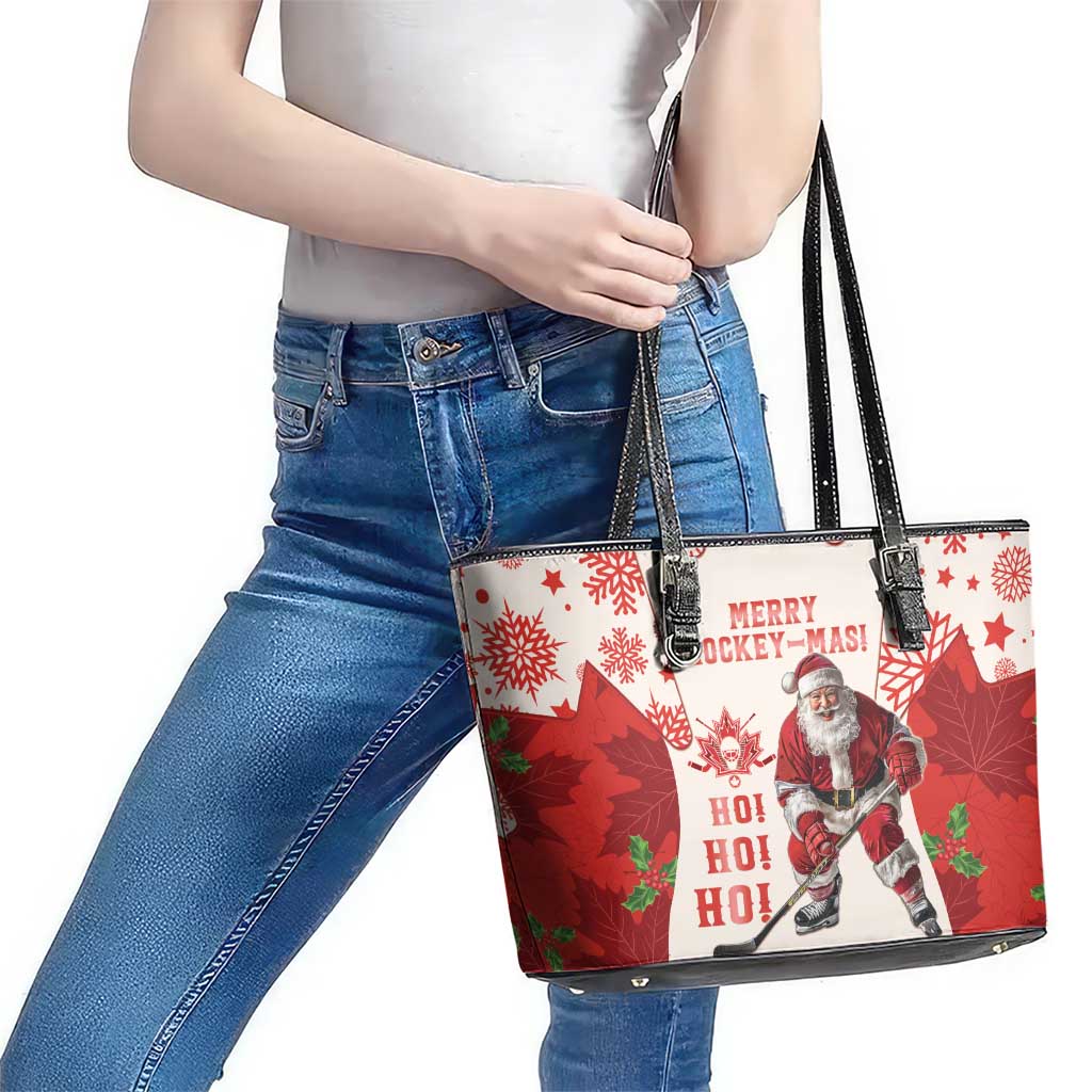 Christmas Canada Hockey Leather Tote Bag Merry Hockey-Mas Maple Leaves Pattern LT14