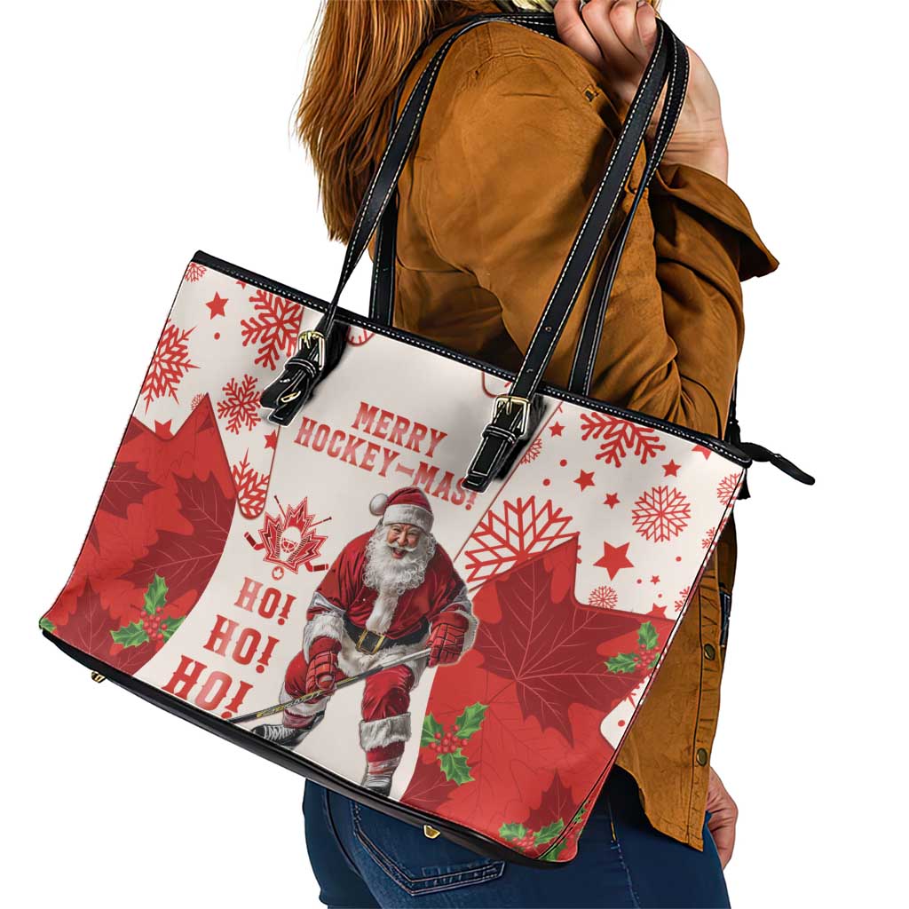 Christmas Canada Hockey Leather Tote Bag Merry Hockey-Mas Maple Leaves Pattern LT14
