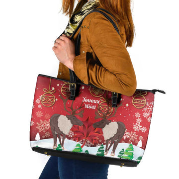 Christmas Canada Leather Tote Bag Joyeux Noel - Caribou With Maple Leaf LT14