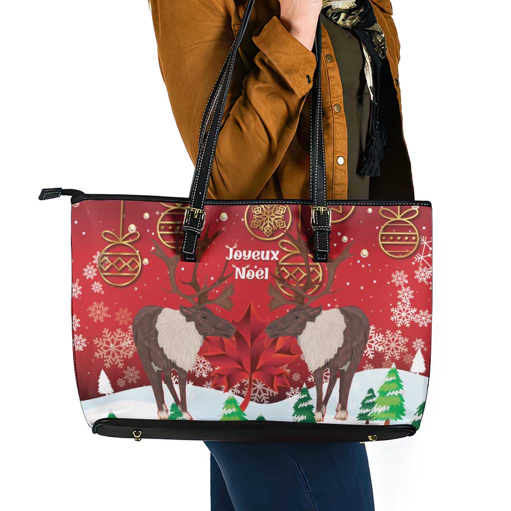Christmas Canada Leather Tote Bag Joyeux Noel - Caribou With Maple Leaf LT14