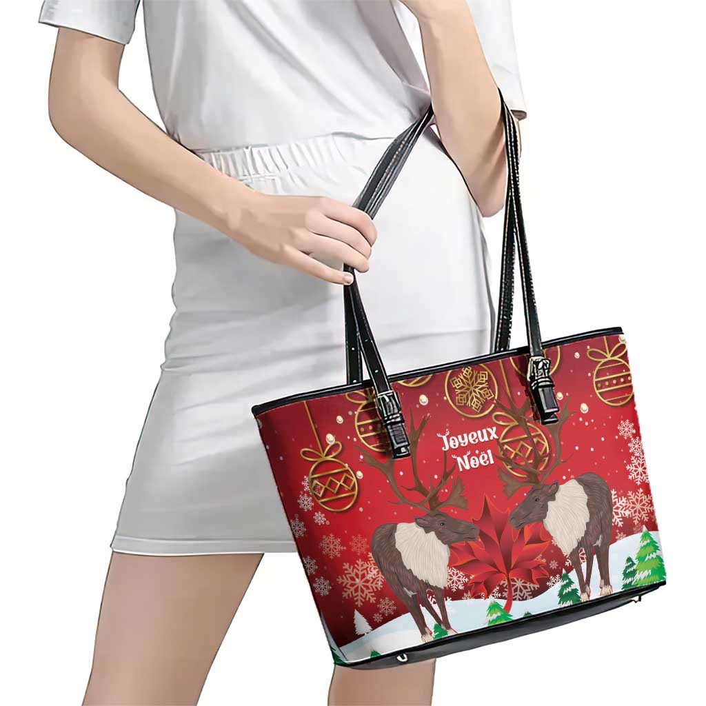 Christmas Canada Leather Tote Bag Joyeux Noel - Caribou With Maple Leaf LT14