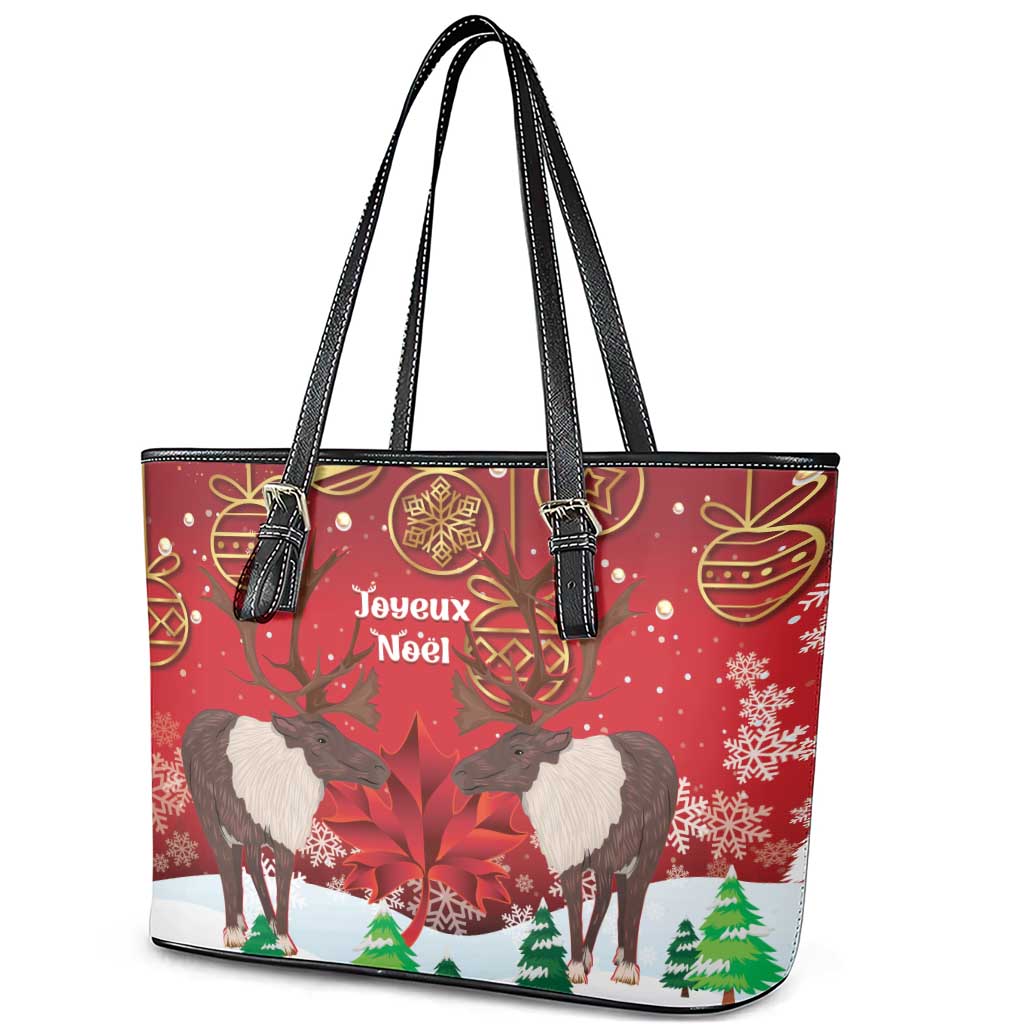 Christmas Canada Leather Tote Bag Joyeux Noel - Caribou With Maple Leaf LT14