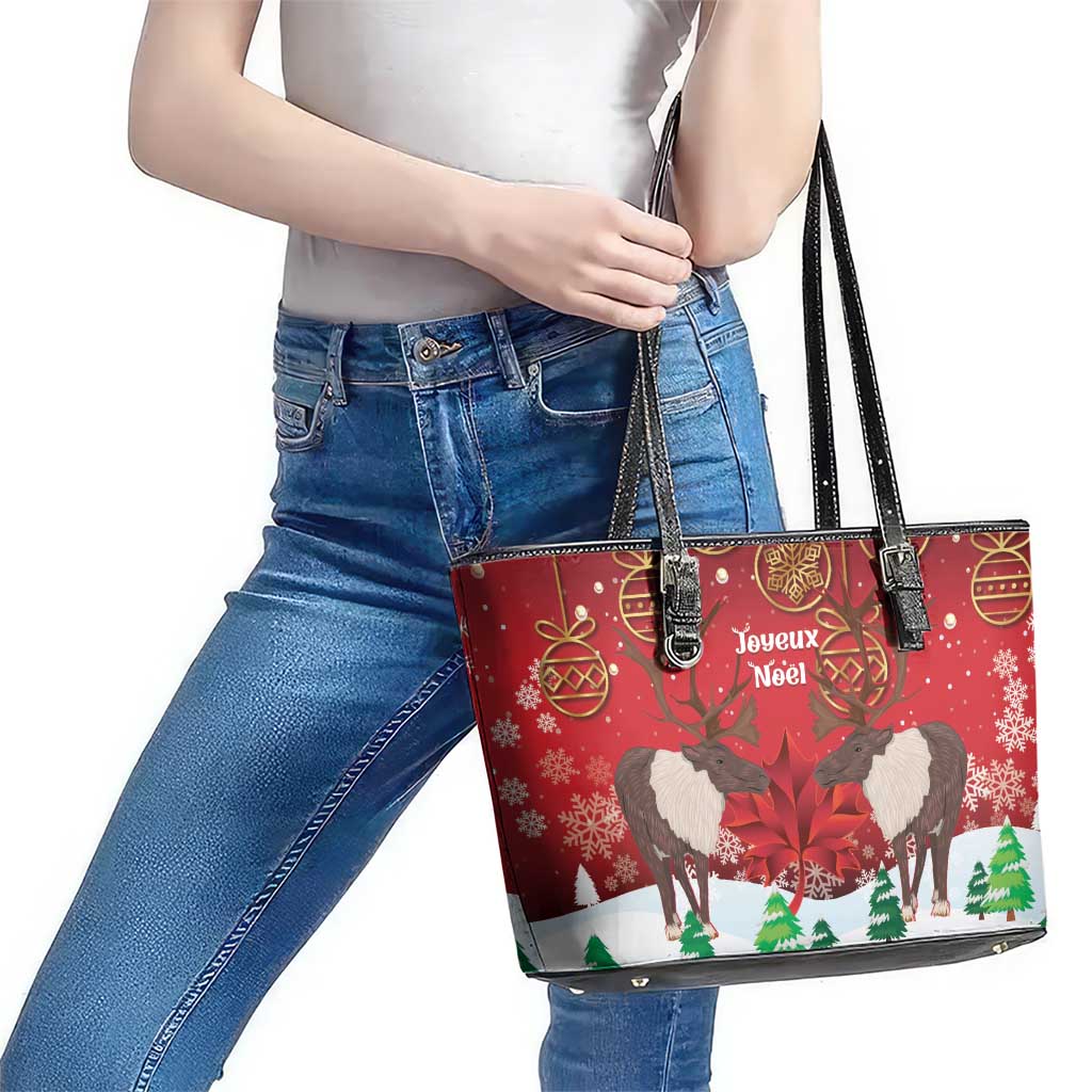 Christmas Canada Leather Tote Bag Joyeux Noel - Caribou With Maple Leaf LT14