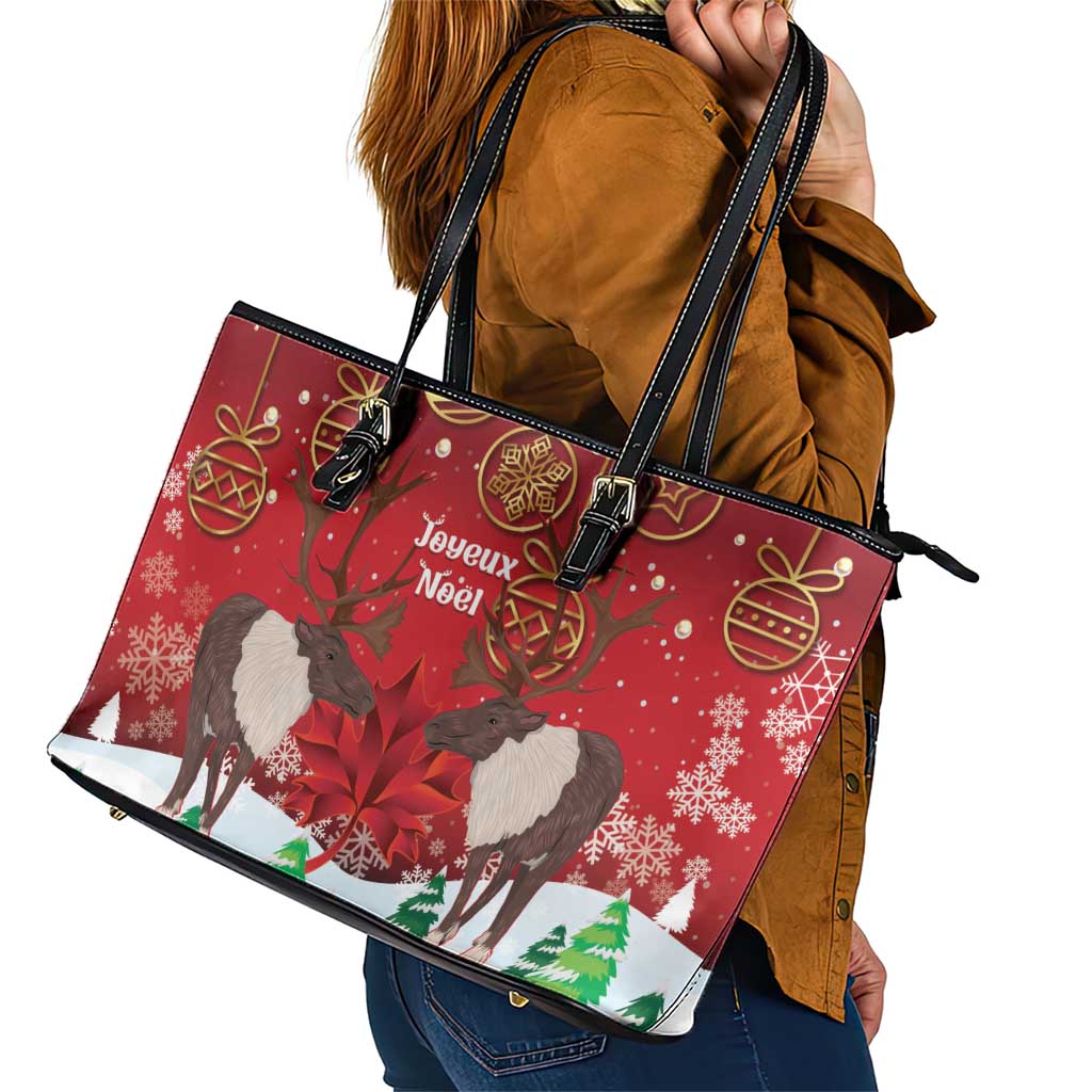 Christmas Canada Leather Tote Bag Joyeux Noel - Caribou With Maple Leaf LT14