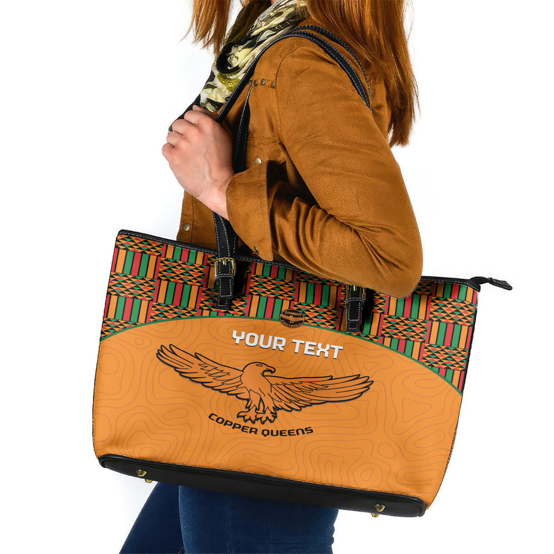 Custom Zambia Football Leather Tote Bag Copper Queens Kente Pattern LT14