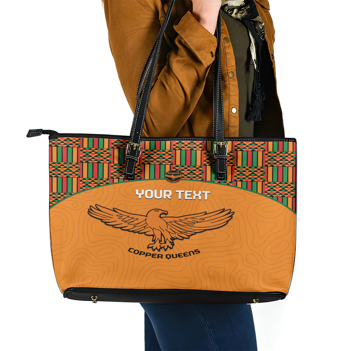 Custom Zambia Football Leather Tote Bag Copper Queens Kente Pattern LT14
