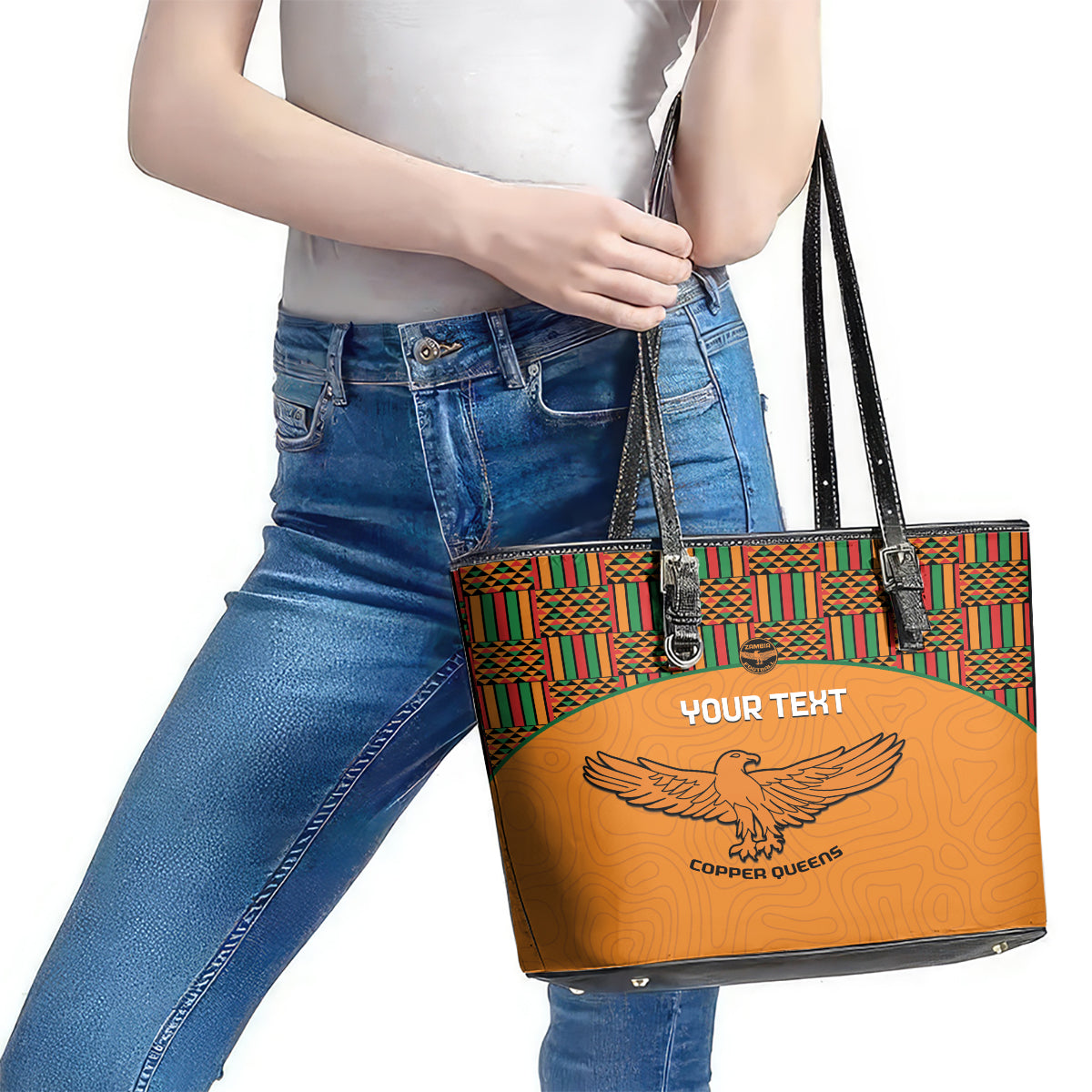 Custom Zambia Football Leather Tote Bag Copper Queens Kente Pattern LT14