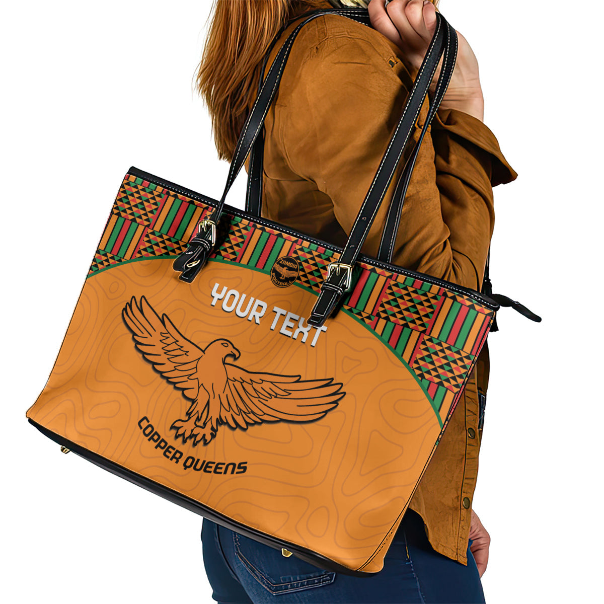 Custom Zambia Football Leather Tote Bag Copper Queens Kente Pattern LT14