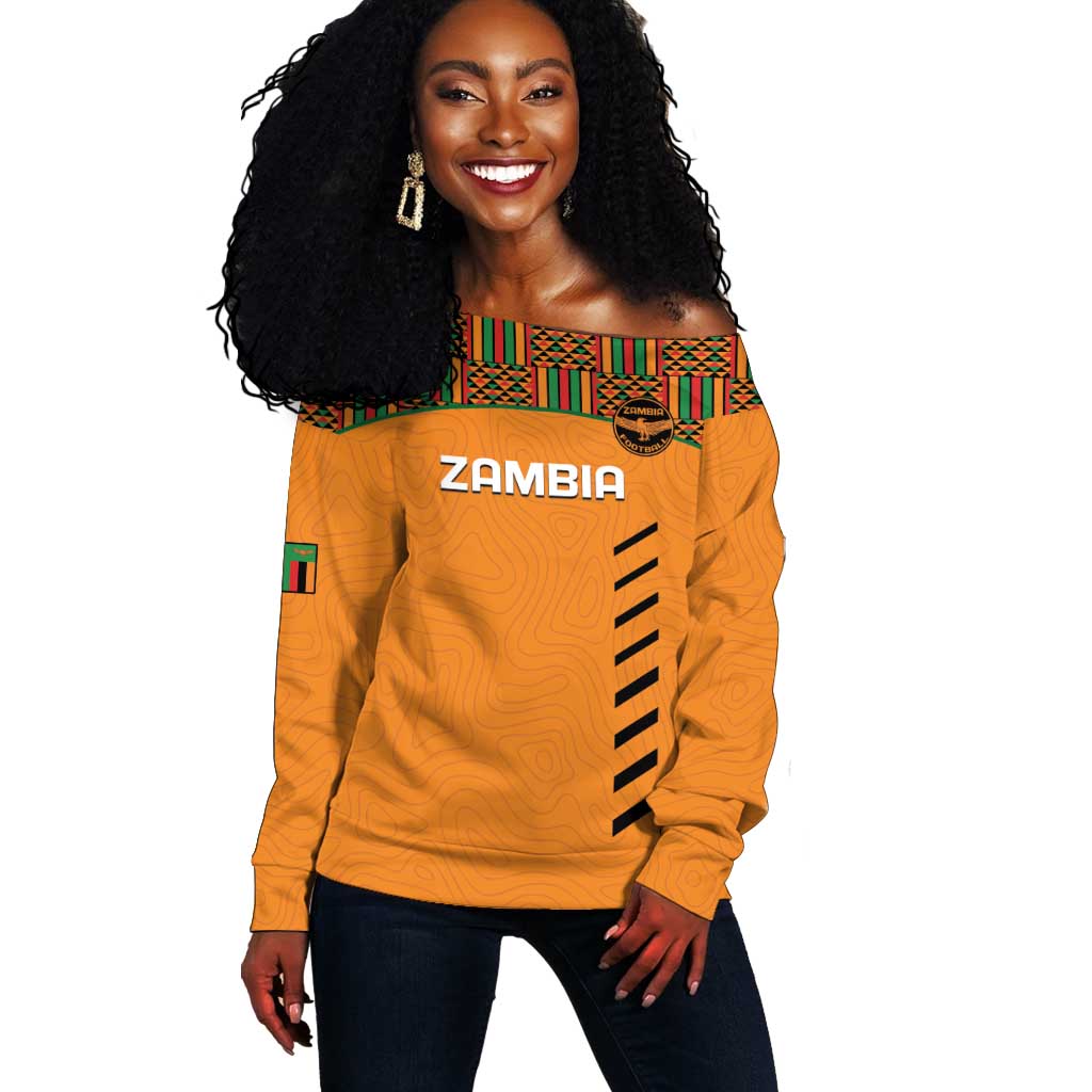 Custom Zambia Football Off Shoulder Sweater Copper Queens Kente Pattern LT14
