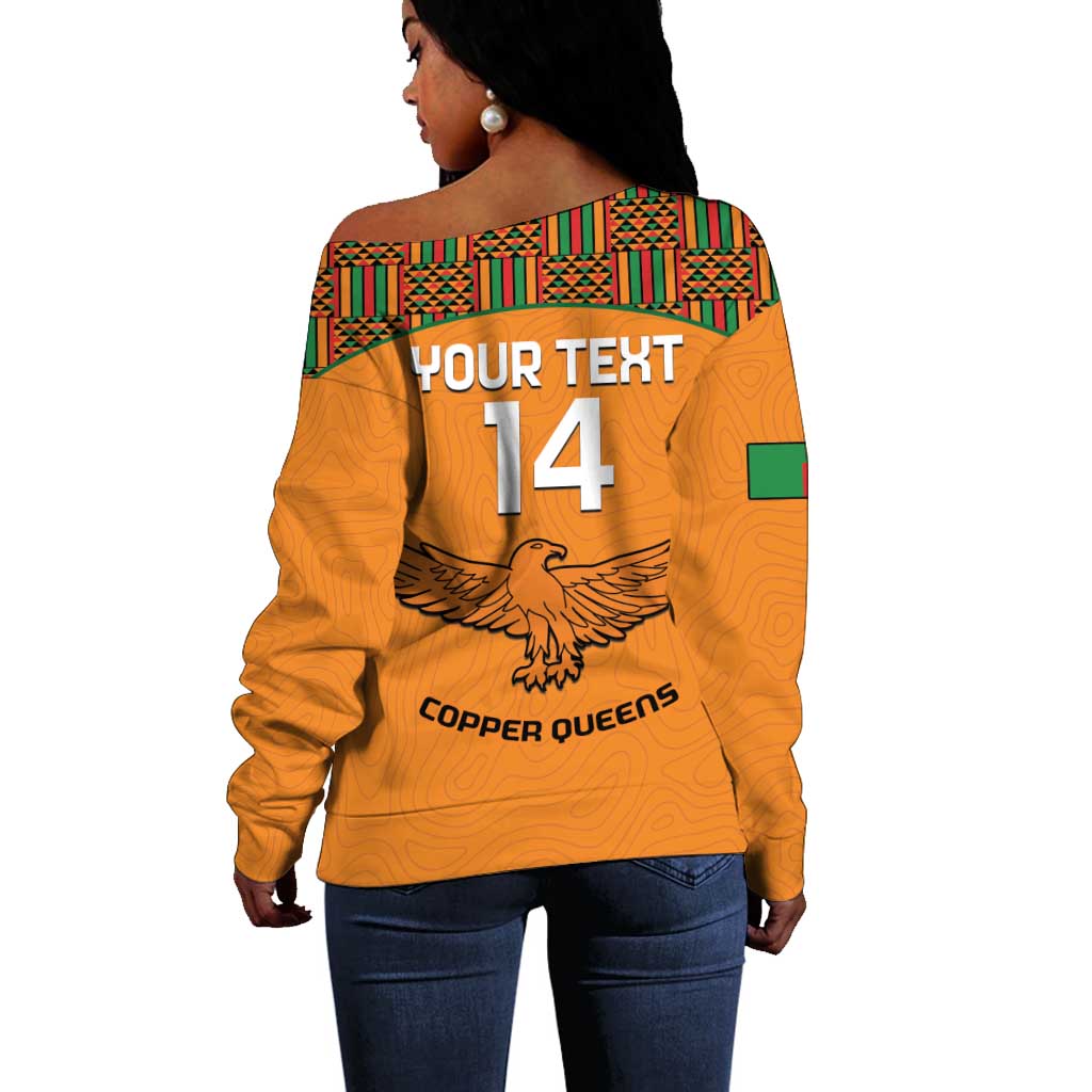 Custom Zambia Football Off Shoulder Sweater Copper Queens Kente Pattern LT14