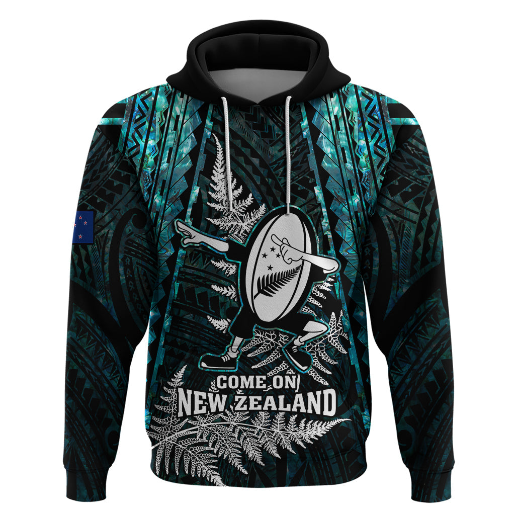 Custom New Zealand Silver Fern Rugby Hoodie Aotearoa All Black Dabbing Ball With Maori Paua Shell LT14