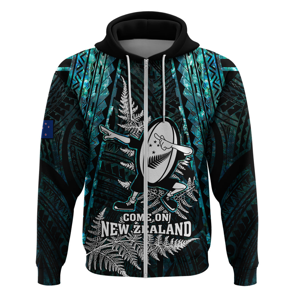 Custom New Zealand Silver Fern Rugby Hoodie Aotearoa All Black Dabbing Ball With Maori Paua Shell LT14