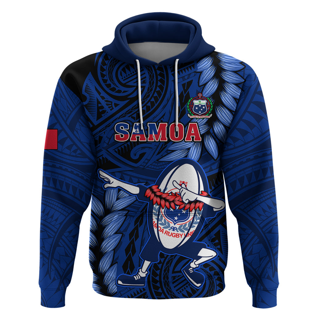 Custom Samoa Rugby Hoodie Manu Samoa Ula Fala Dabbing Ball Polynesian Blue Version LT14