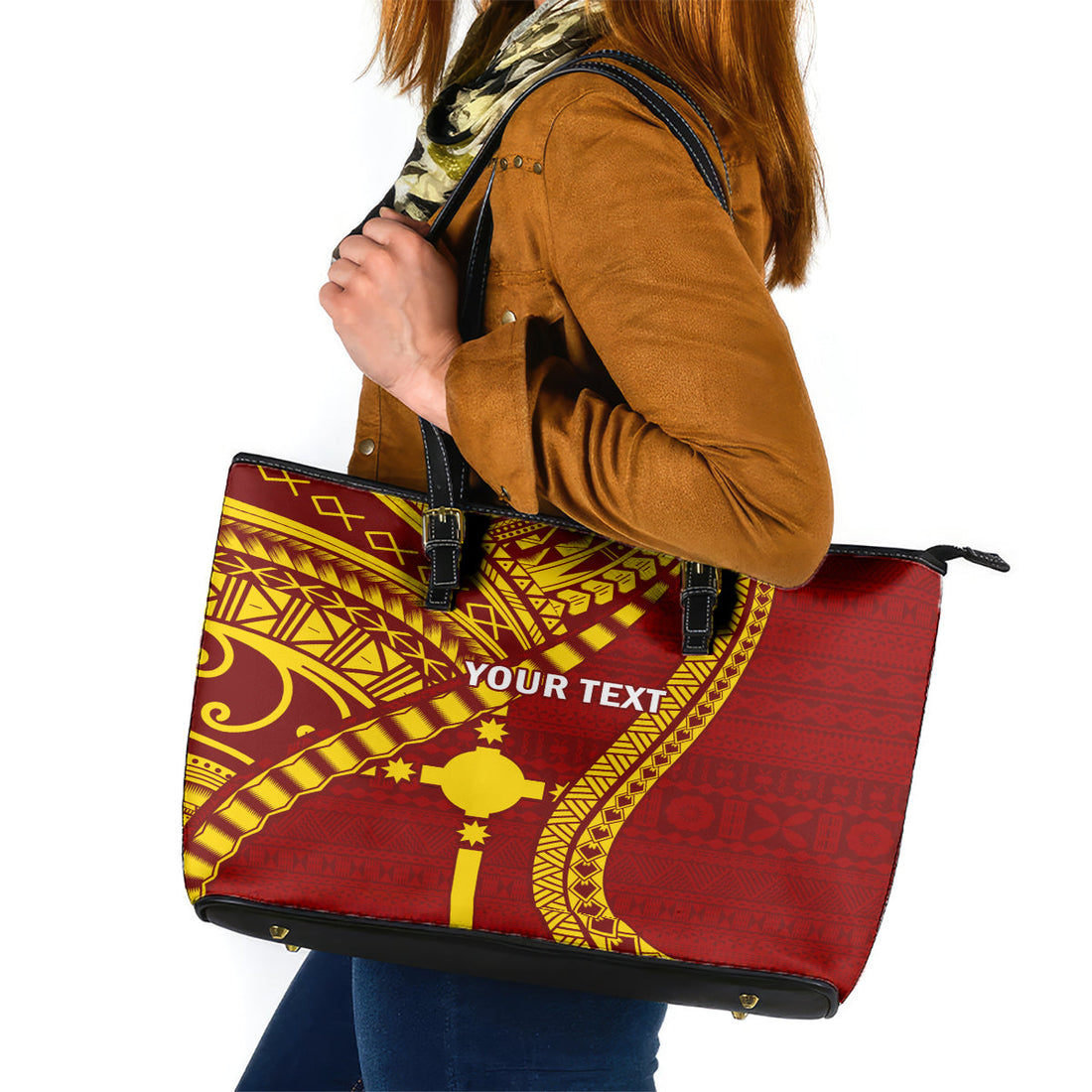 Personalised Fiji Rotuma Leather Tote Bag Fijian Tapa Pattern LT14