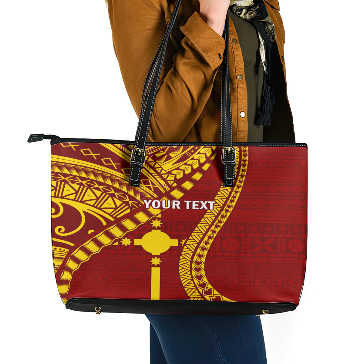 Personalised Fiji Rotuma Leather Tote Bag Fijian Tapa Pattern LT14