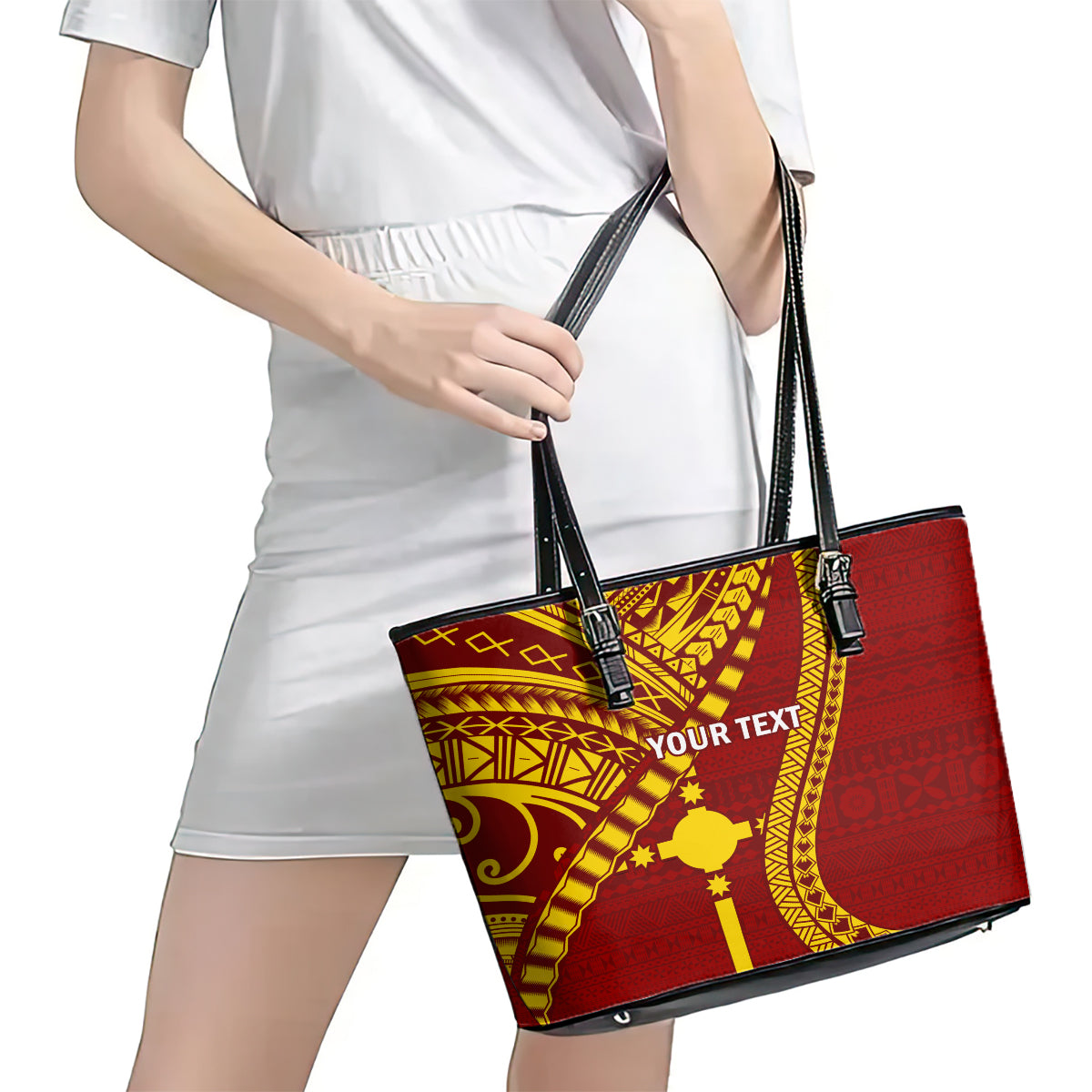 Personalised Fiji Rotuma Leather Tote Bag Fijian Tapa Pattern LT14