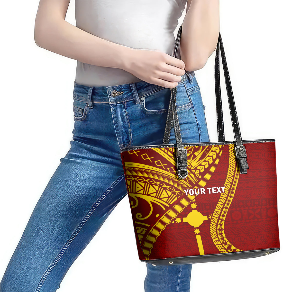 Personalised Fiji Rotuma Leather Tote Bag Fijian Tapa Pattern LT14