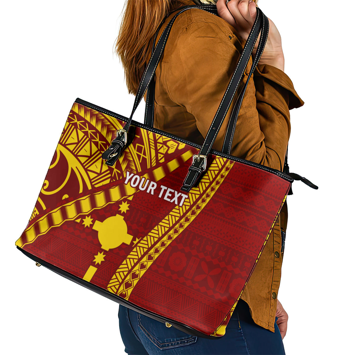 Personalised Fiji Rotuma Leather Tote Bag Fijian Tapa Pattern LT14